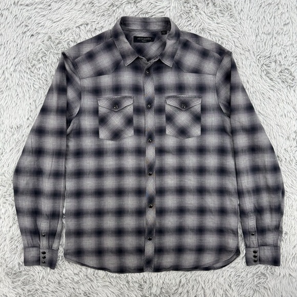 AllSaints Shirt Men's M Tartan Plaid Pearl Snap Long Sleeve Western Country - Picture 1 of 9